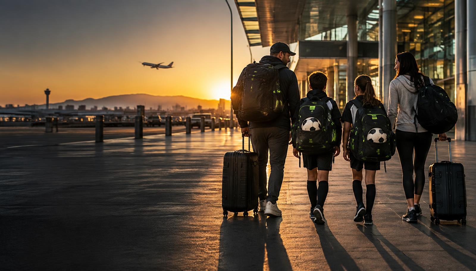 Family of youth soccer players arriving at an airport for a tournament